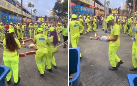 'Só saio daqui no lixo!' Agentes da Limpurb 'varrem' folião bêbado e vídeo viraliza no Carnaval de Salvador
