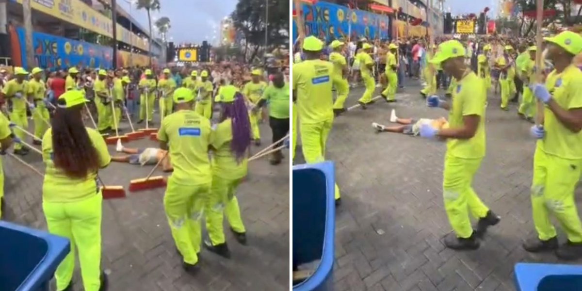 'Só saio daqui no lixo!' Agentes da Limpurb 'varrem' folião bêbado e vídeo viraliza no Carnaval de Salvador