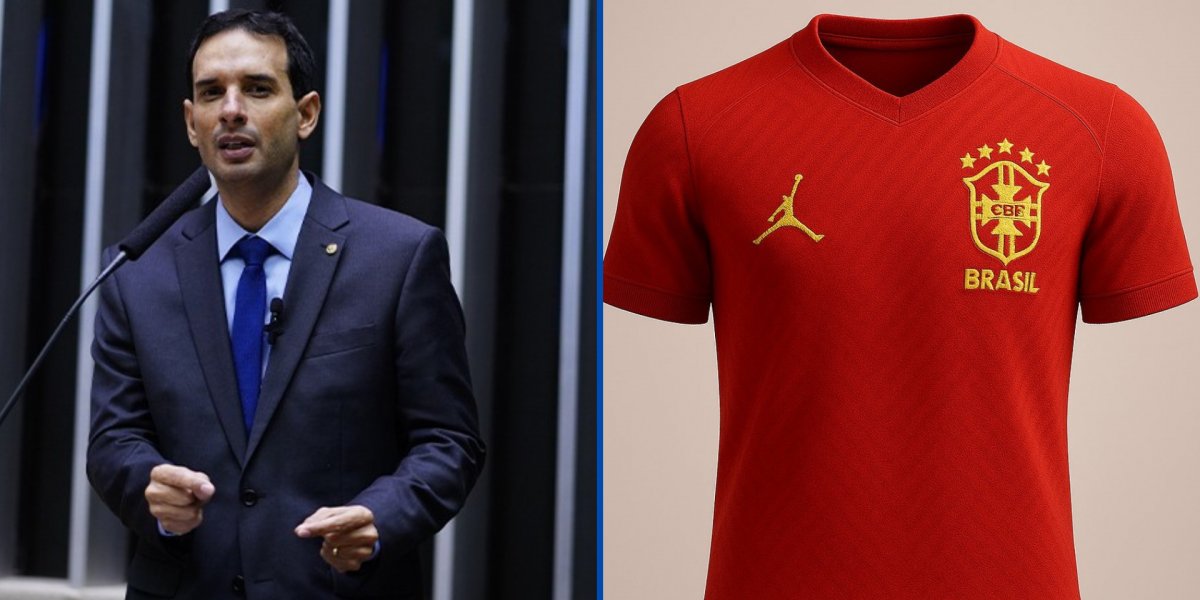 A imagem mostra a esquerda o Deputado Federal Léo Prates e a Direita a suposta nova camisa da seleção brasileira na cor vermelha