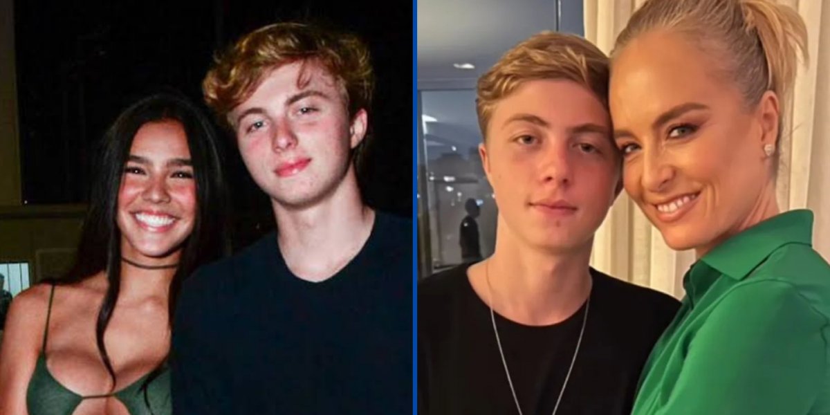 Duda Guerra e Benício Huck na esquerda e Angélica ao lado de Benício na foto da direita