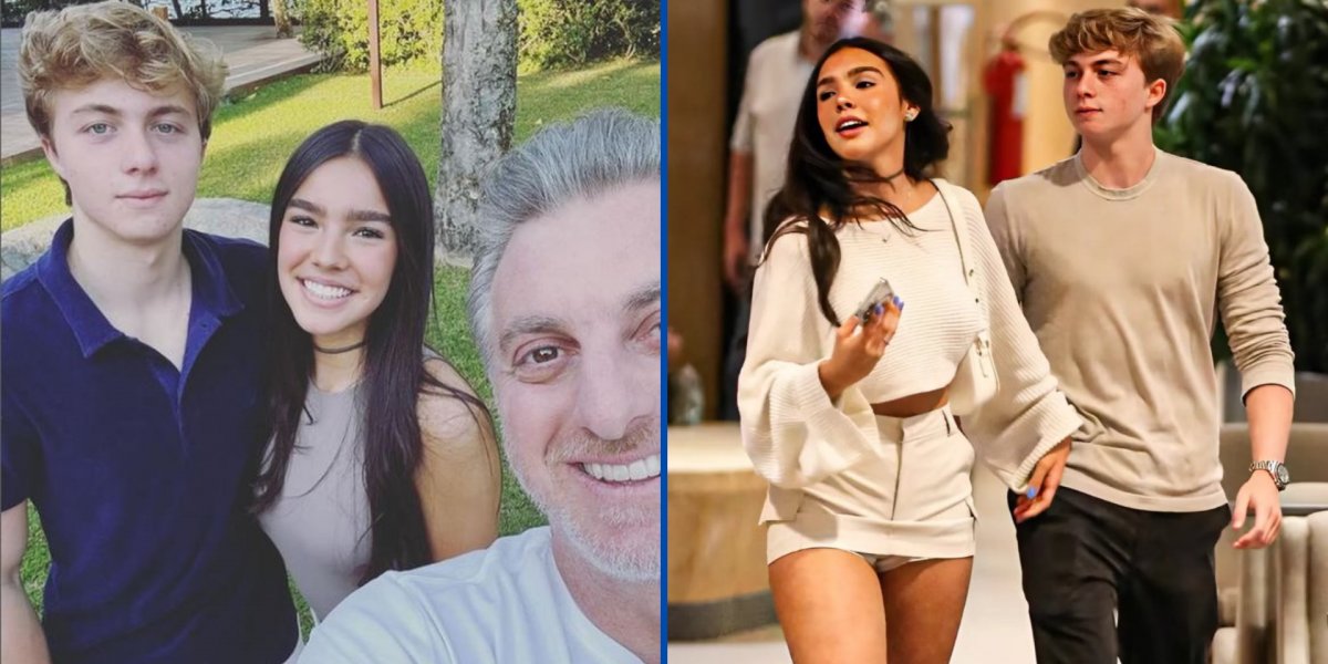 Benício Huck ao lado de Duda Guerra nas duas fotos, na primeira, o casal está ao lado de Luciano Huck, pai de Benício