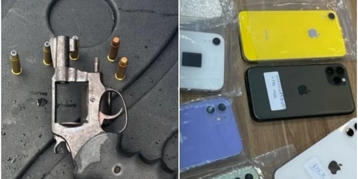 A imagem mostra uma arma e alguns itens furtados durante o assalto