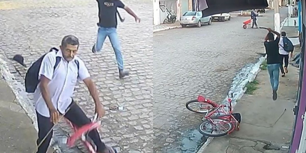 A imagem mostra o filho atacando o pai com uma foice