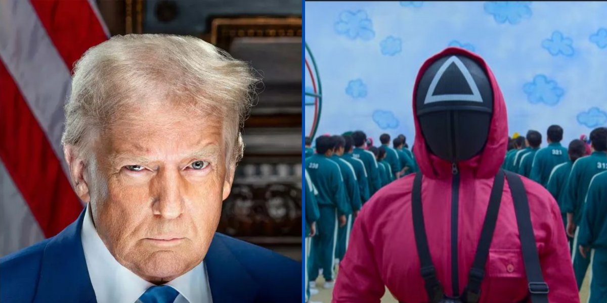 Donald Trump na foto da esquerda e na direita um personagem da série Round 6