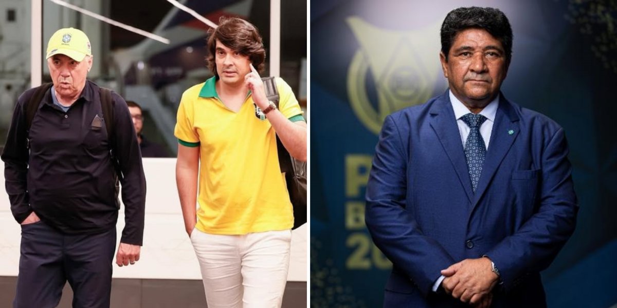 Diego Fernandes ao lado de Carlo Ancelotti; À direita, o ex-presidente da CBF Ednaldo Rodrigues