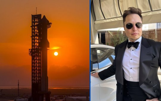 Imagem de um foguete da Tesla na foto da esquerda e na direita Elon Musk