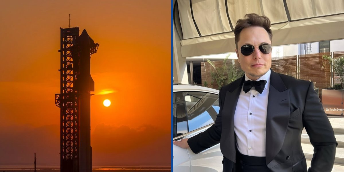 Imagem de um foguete da Tesla na foto da esquerda e na direita Elon Musk