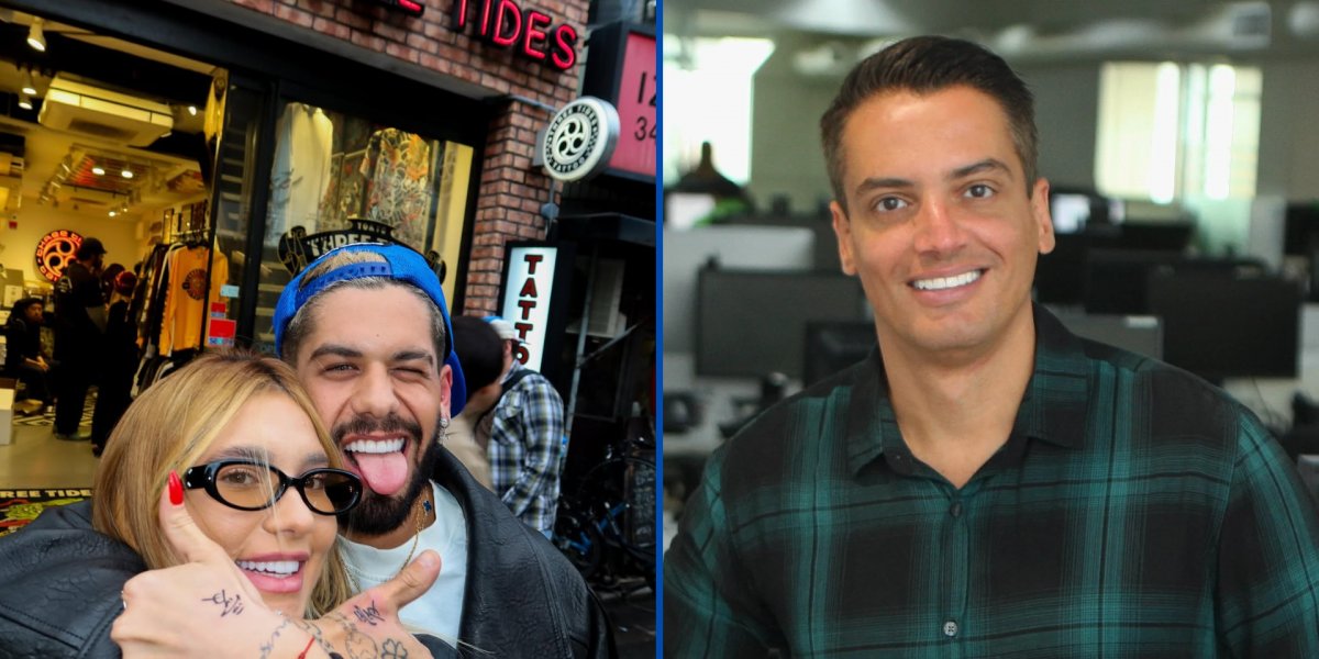 Virginia e Zé Felipe na foto da esquerda e na direita o jornalista Léo Dias