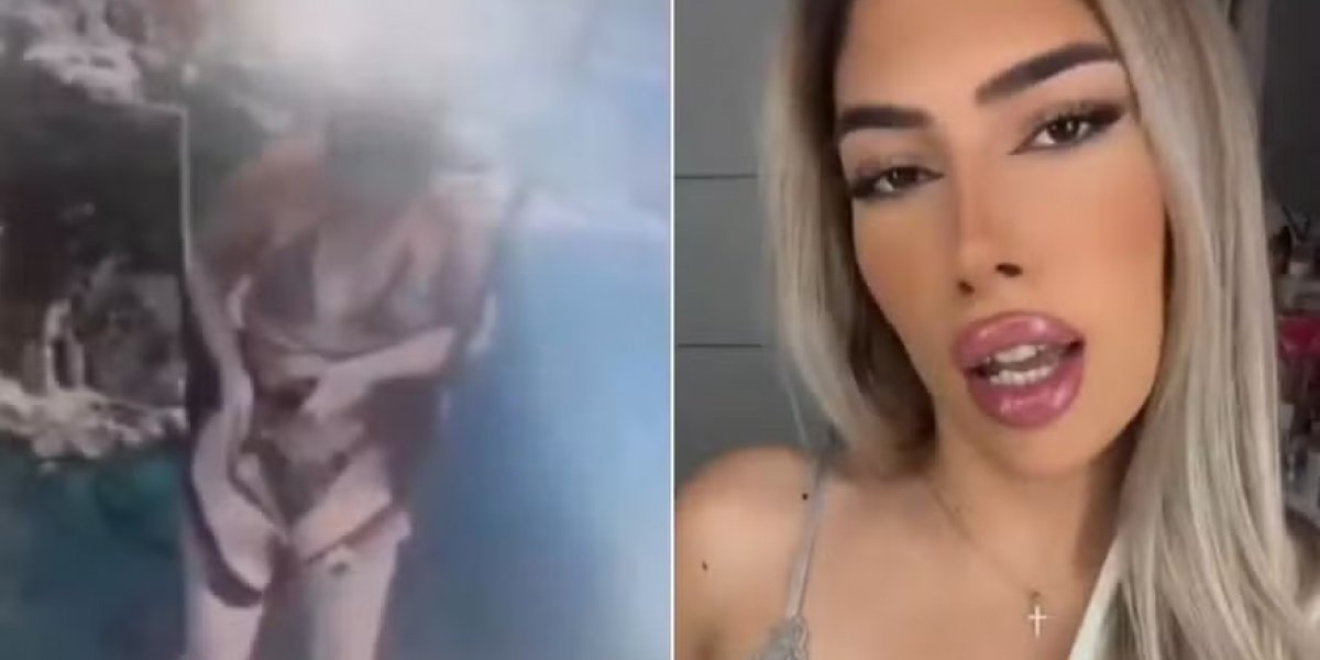 Momento em que a modelo solta o cinto de segurança ao lado de uma foto da mesma