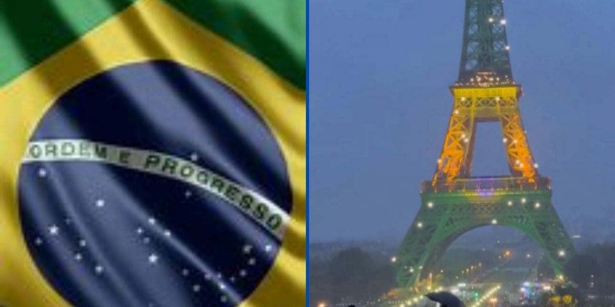 Bandeira do Brasil ao lado da Torre Eiffel nas cores verde e amarelo