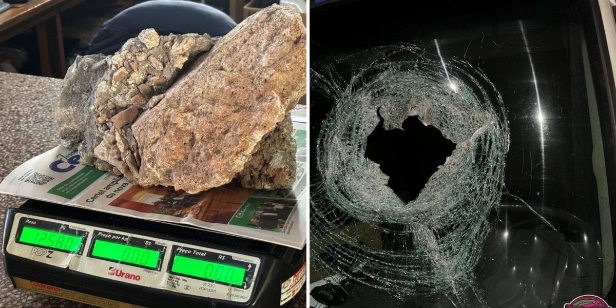 Pedra de 12 kg que atingiu o caminhoneiro