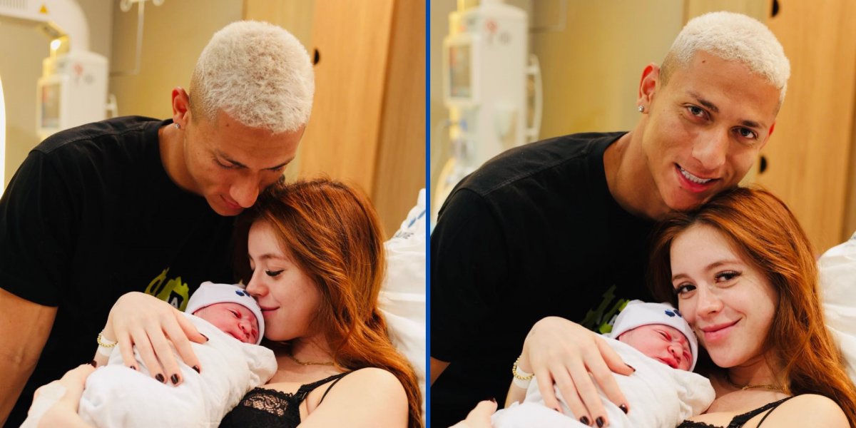 Richarlison e sua esposa com o bebê no colo
