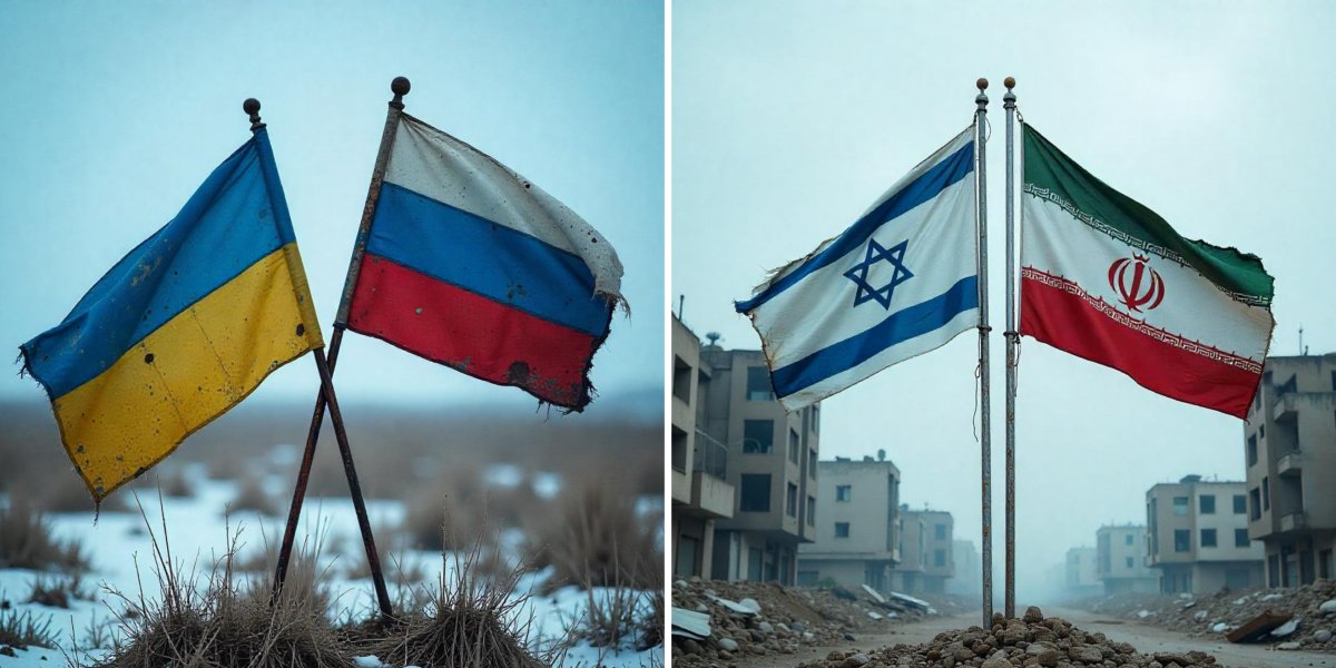Bandeiras da Ucrânia e Rússia (Esquerda) e bandeira de Israel e Irã (Direita)