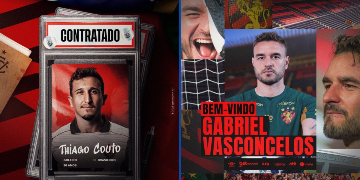 Anúncio do goleiro Thiago Couto e Gabriel com uniforme do Sport