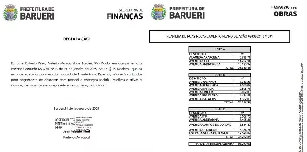 Documentos da Prefeitura de Barueri apontam que os recursos foram usados para recapear ruas dentro do condomínio Residencial Tamboré I, em Alphaville. — Foto: Reprodução/Portal da Transparência