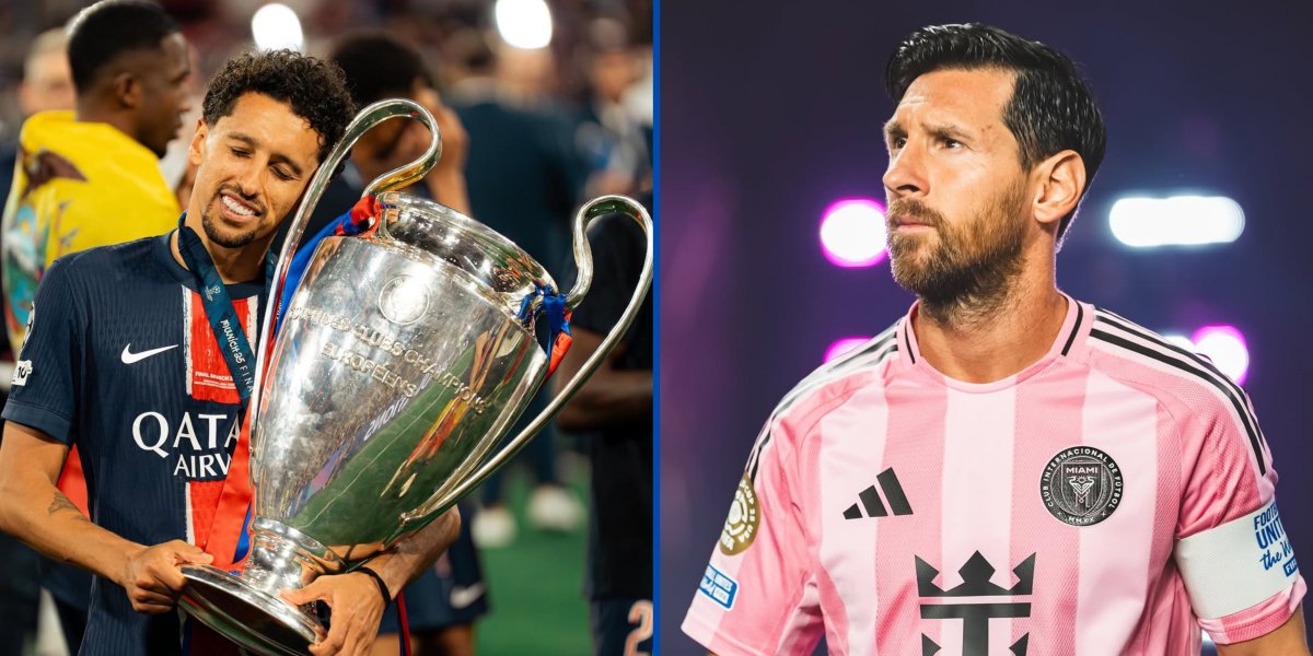 Zagueiro Marquinhos com taça da Champions League / Messi em foto