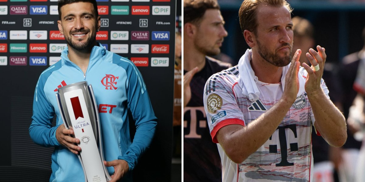 Arrascaeta com troféu de melhor em campo / Harry Kane aplaudindo a torcida