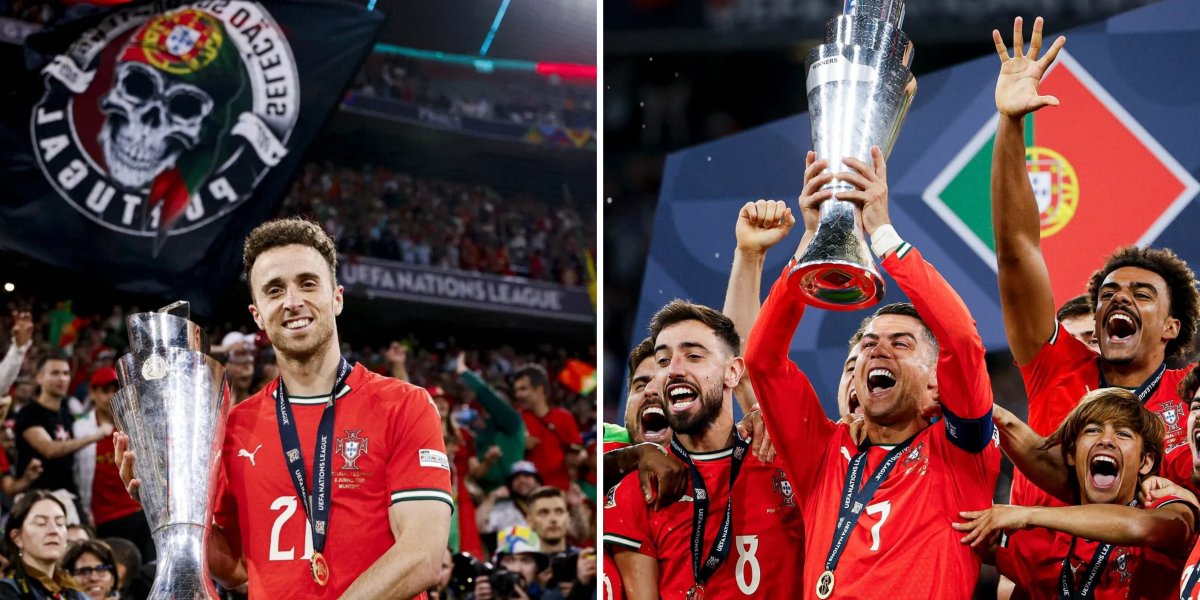 Diogo Jota com taça da Nations League / Cristiano Ronaldo erguendo a taça da competição