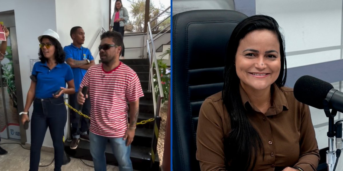 Professores que cantam a paródia e a prefeita Débora Regis