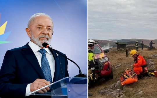 Lula (esquerda) e bombeiros (direita)