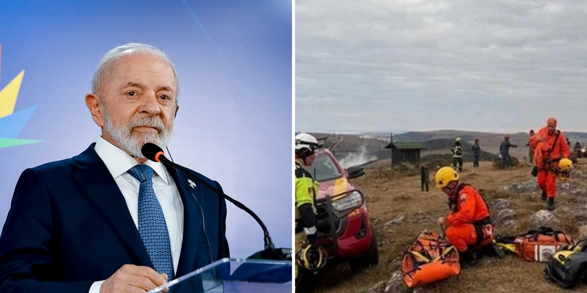 Lula (esquerda) e bombeiros (direita)