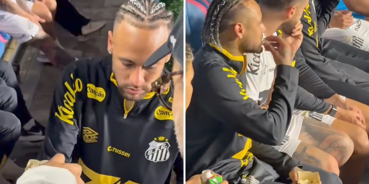 Neymar pegando pipoca e sentado no banco comendo