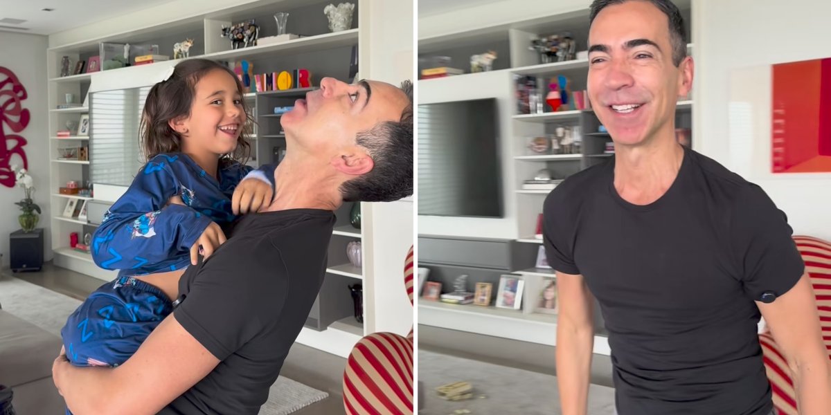 César Tralli no momento que carrega sua filha Manuella