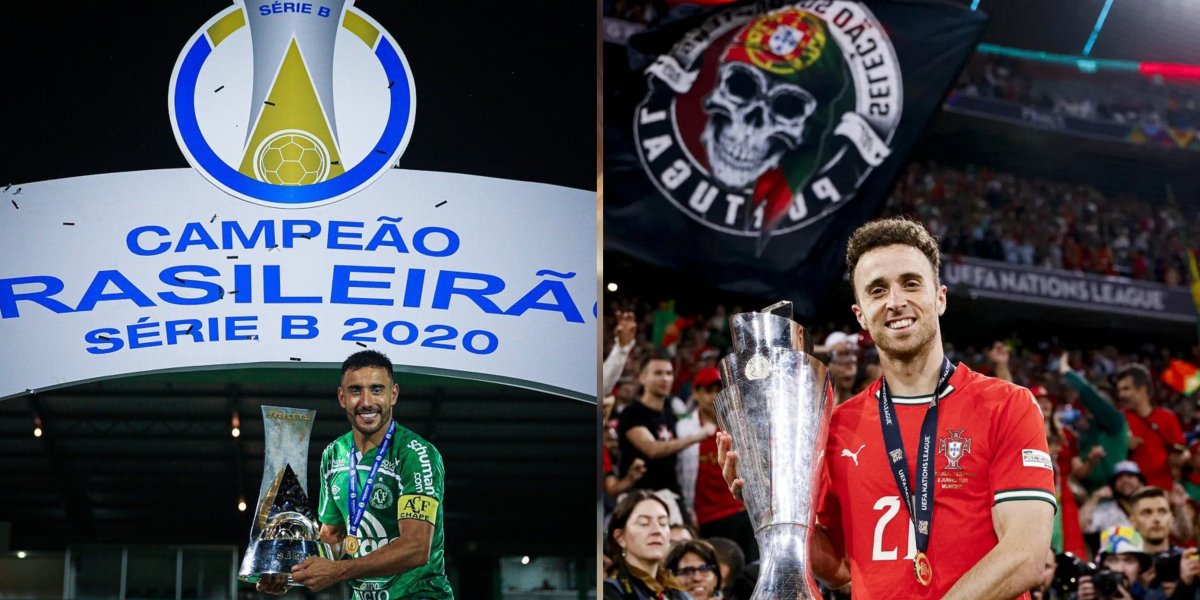 Alan Ruschel com troféu da Série B de 2020 / Diogo Jota com troféu da Nations League 2025