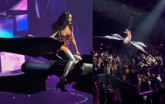 Katy Perry vive momento tenso ao quase cair de borboleta gigante em show nos EUA