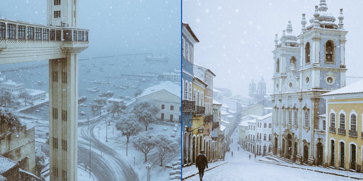 Fotos geradas por Inteligência Artificial de pontos turísticos de Salvador coberto por neve