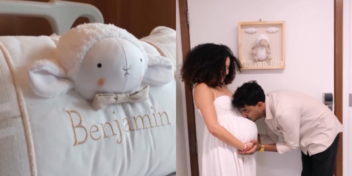 Travesseiro com o nome do bebê. Ao lado, Lore com seu marido, Junior Fonseca.