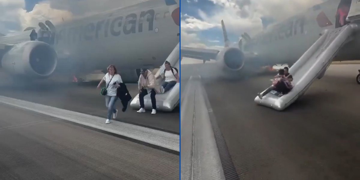 Momento que os passageiros desceram do avião por um escorregador