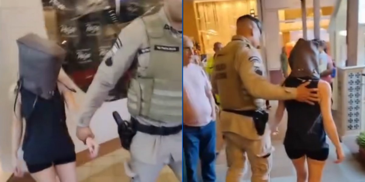 Para não ser identificada, suspeita saiu do shopping com uma bolsa na cabeça