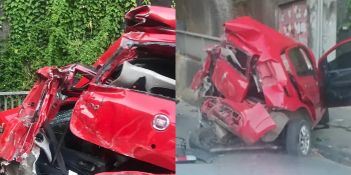 Colisão entre carro e ônibus deixa veículo totalmente destruído em Pirajá