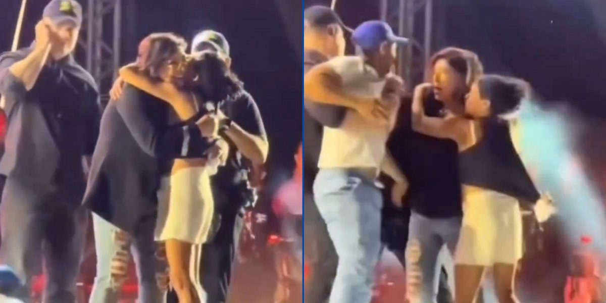 Momento que Roberta abraçava a fã e o rapaz invadiu o palco