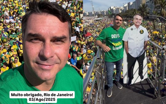 Flávio Bolsonaro discursa em Copacabana e homenageia seu pai com boneco de papelão: 'Homem honesto'