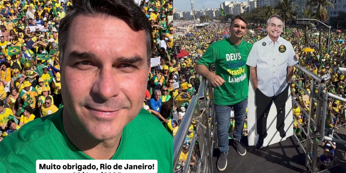 Flávio Bolsonaro em ato em Copacabana / Flávio Bolsonaro com Jair Bolsonaro de papelão