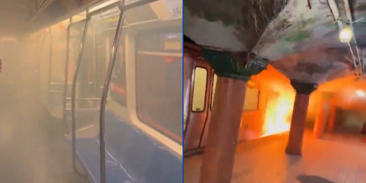 Vagão com fumaça e parte externa do trem em chamas