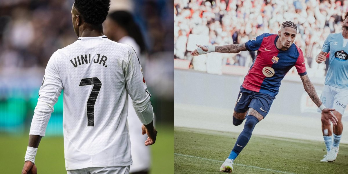 Vini Jr. atuando pelo Real Madrid e Raphinha pelo Barcelona