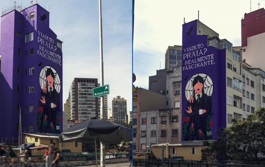 Foto do prédio com o mural da série Wandinha