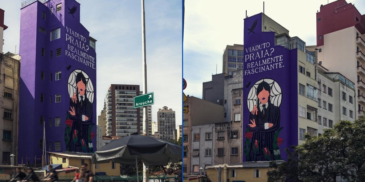 Foto do prédio com o mural da série Wandinha