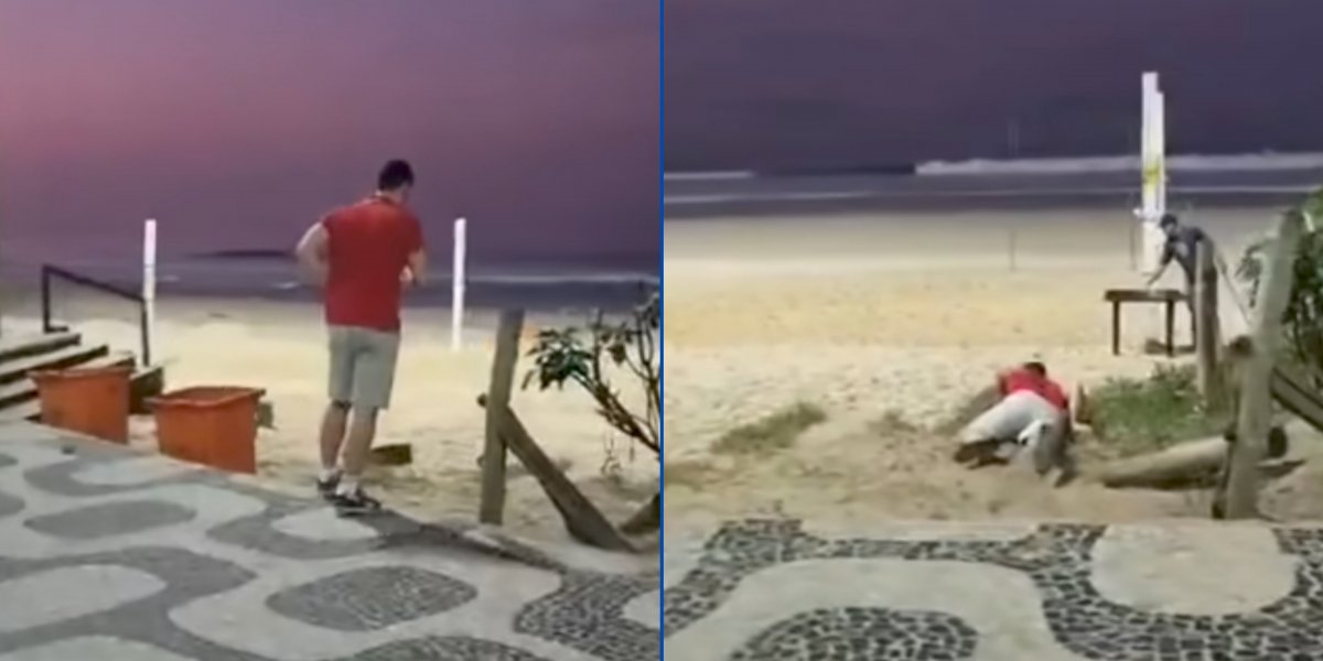 Filmagem que mostra o turista caído no chão