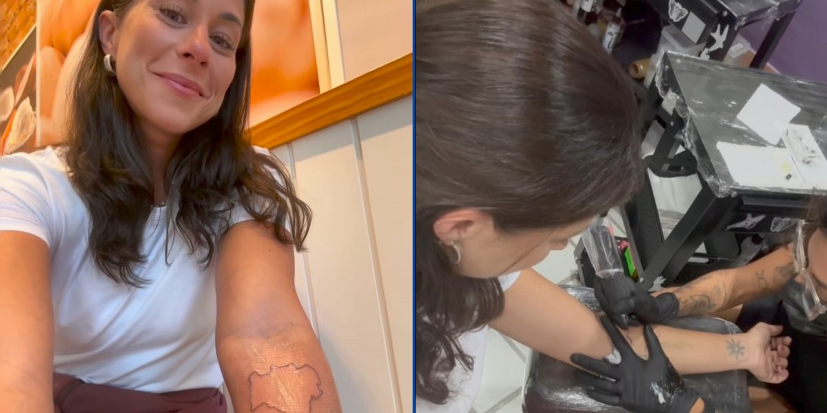 Jéssica no momento que fazia sua tatuagem nova
