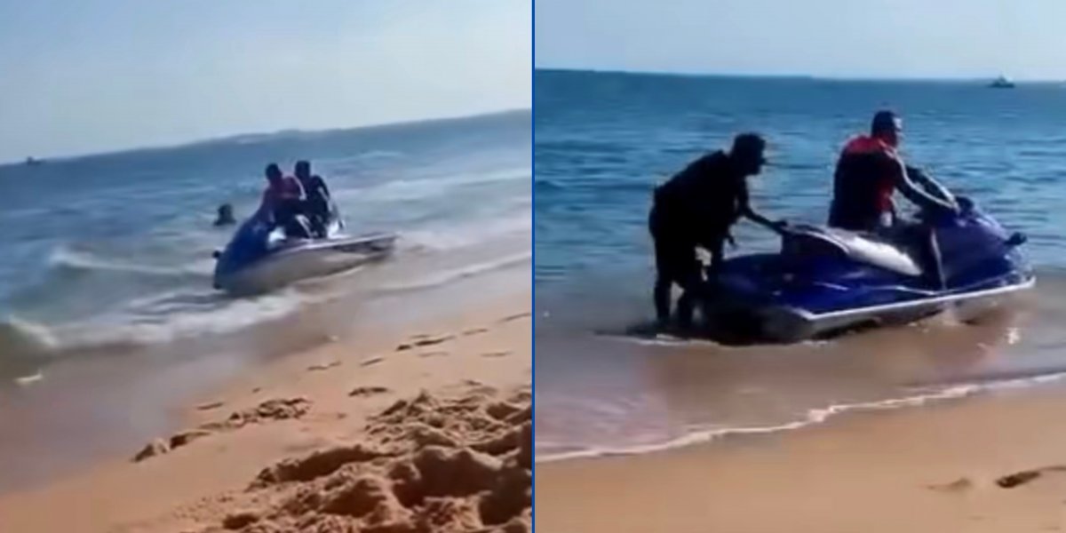 Momento que o Jet Ski passa por um grupo de banhistas