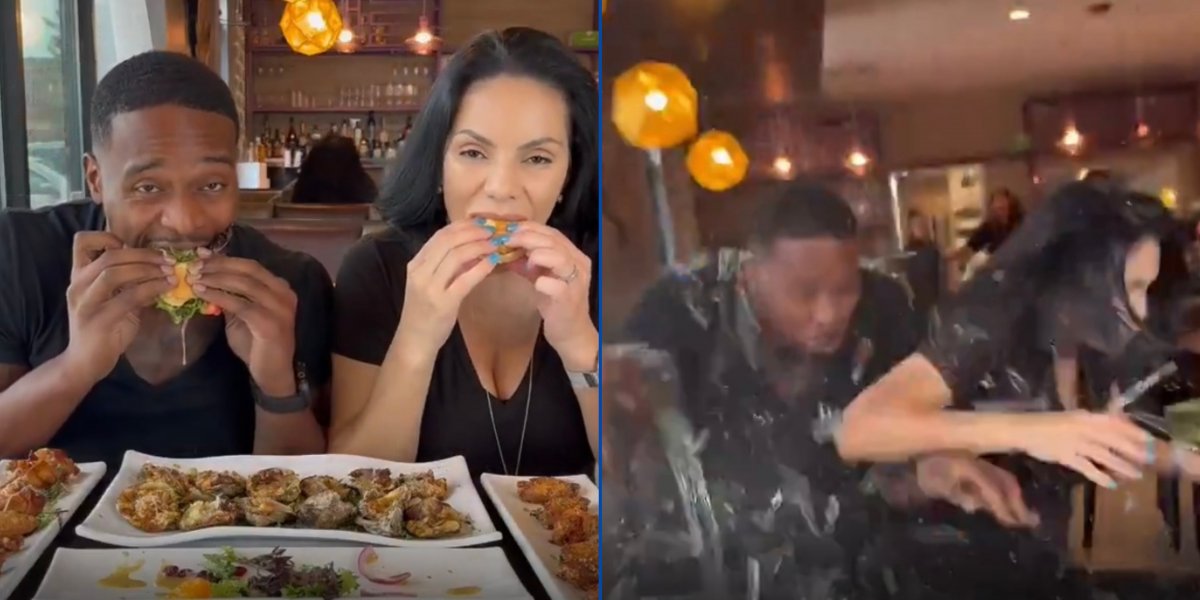 Momento que o carro quebra o vidro da lanchonete