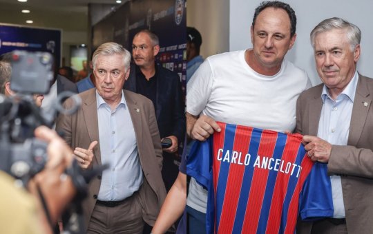 Ancelotti visita Salvador, encontra Rogério Ceni e recebe camisa do Bahia