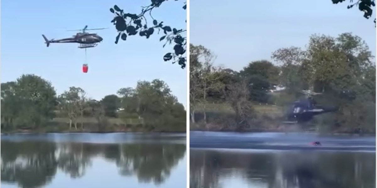Helicóptero cai em lago após tentativa mal sucedida de pegar água para combater incêndio