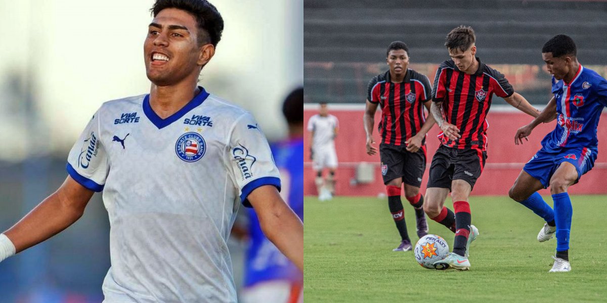 Jogador do Bahia comemorando gol / Jogador do Vitória sendo marcado por adversário