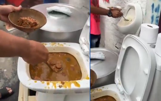 Feijoada é servida dentro de vaso sanitário em Salvador e momento viraliza