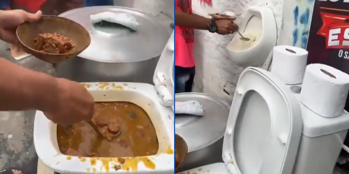 Feijoada é servida dentro de vaso sanitário em Salvador e momento viraliza